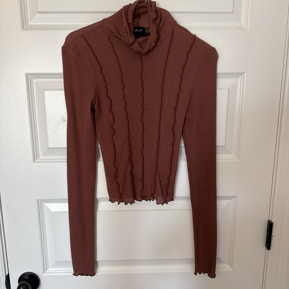 Urban Outfitters Brown Light Weight Lettuce Edge Turtleneck with Ruffles
